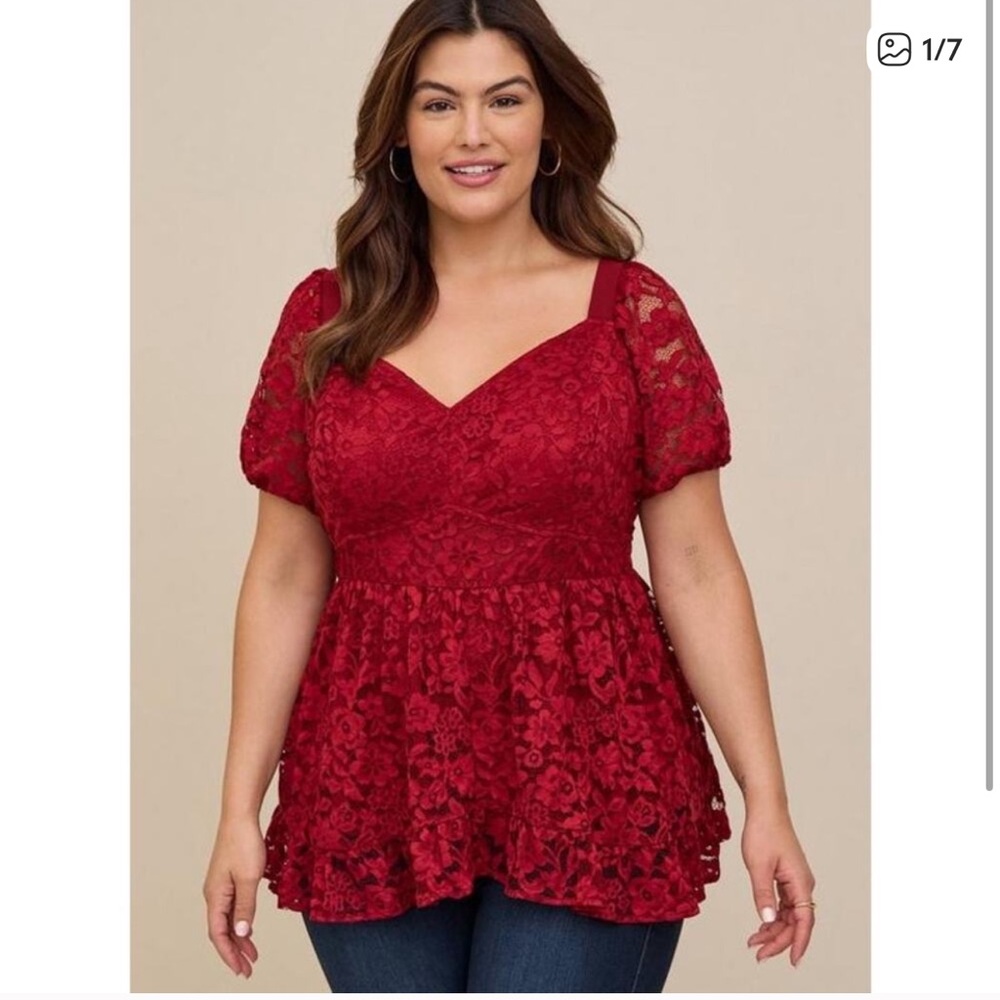 NWT Torrid Red Lace Babydoll Peplum Top with Puff Sleeves
